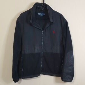 VTG Polo Ralph Lauren Polartec Mens Black Fleece Jacket With Hidden Hood Size XL